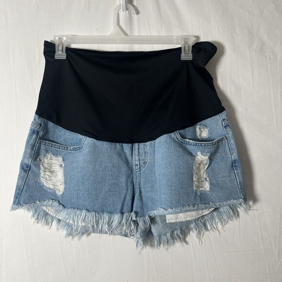 Show Me your Mumu Maternity Baby Jean Denim Shorts XXL Frayed Distressed Hem - Picture 1 of 4